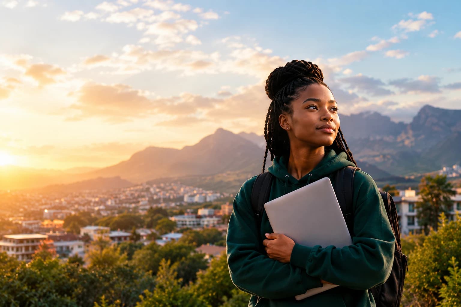 A student holding a laptop, looking out over a South African city at sunrise
